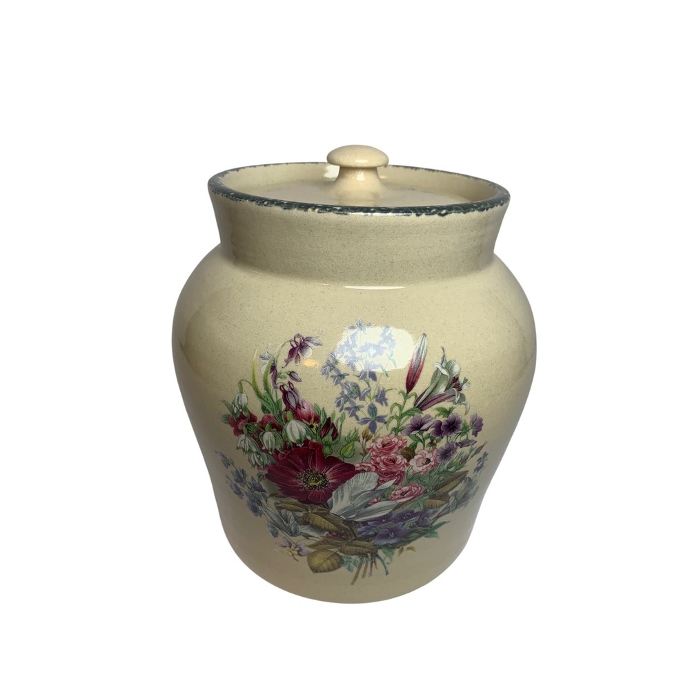 Home & Garden Party Vintage 2001 Floral Stoneware Canister with Lid Handmade USA
